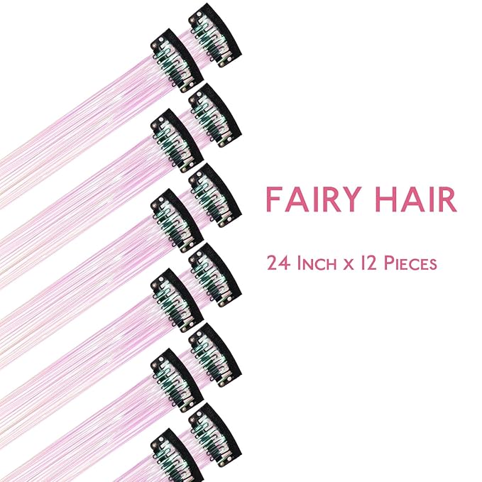 WENNALIFE Hair Tinsel Clip In for Girls Bright White, 12pcs 24 inch Clips Tinsel Hair Extensions Clip in Colorful Glitter Clips Fairy for Kids
