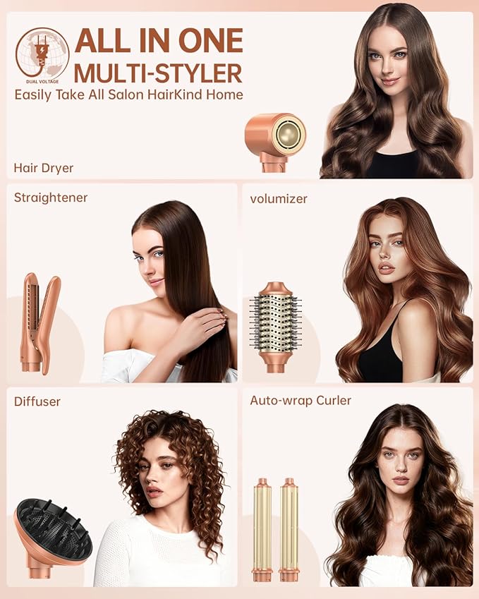 [Dual Voltage] webeauty 6 in 1 Hot Air Styler Wrap, High-Speed Negative Ionic Hair Dryer with Auto Wrap Curlers, Professional Blow Dryer Brush, Diffuser, Volumizer Multiple Styling, No Heat Damage