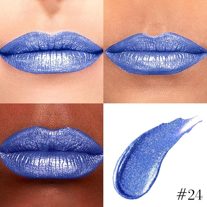 Kaely 2-in-1 Royal Blue Metallic Lipstick and Lip Liner Makeup, Shimmer Liquid Metallic Lipsticks for Women, Glitter Lip Gloss Stain Long Lasting Waterproof Smudge Proof 24 Hour, Cruelty-Free 24
