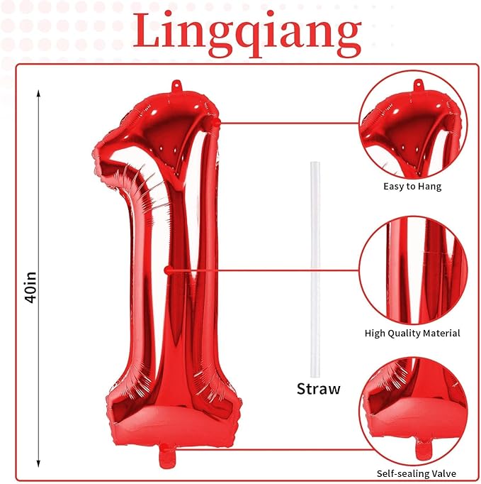 Red Number 1 Balloons, 40 Inch Large Foil Number Balloons Set 0-9 for Women, Self Inflating Digital 1 Helium Balloon for Girls Boys 1st Age Birthday Anniversary Party Decorations Photo Shoot Supplies