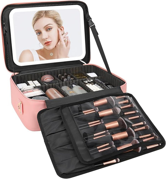 Relavel Makeup Bag with LED Mirror, 16.2 inches Large Makeup Case Travel Portable Cosmetic Organizer Vanity Case for Women, Rechargeable Lighted Mirror Professional Makeup Artists Storage Box (Pink)
