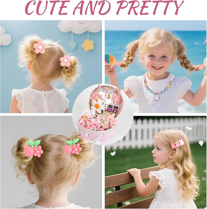 Velachuan Princess Jewelry Box for Girls with Hair Accessories,Girls Hair Clips Bows Set, Fashion Hair Styling Kit with Mirror,Pink Sparkle Trinket Box Includes Hair Clips (Flower)