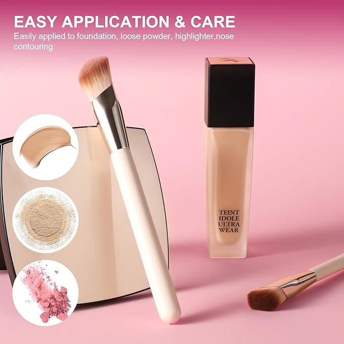 Angled Foundation Brush for Liquid, 16.2CM/6.4in Angle Contour Brush Kabuki Makeup Brushes with Soft Dense Synthetic Bristles Face for Liquid, Buffing, Contouring, Bronzer, BB Cream, Blending (Pink)