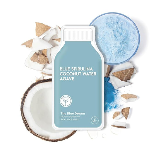 ESW Beauty The Blue Dream - Moisture Repair Raw Juice Face Mask (6-Pack) - Hydrating with Blue Spirulina, Coconut Water & Agave for Dry, Sensitive Skin - Replenishes & Fights Aging