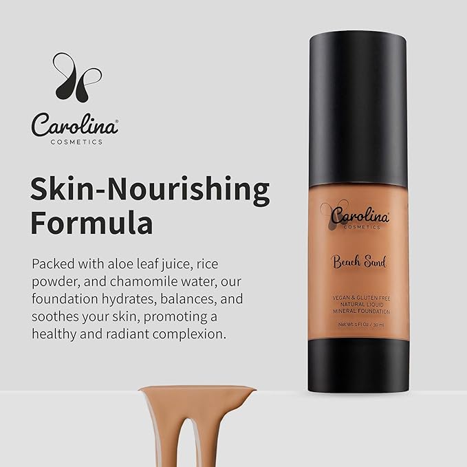 Carolina Cosmetics - Foundation in Beach Sand Shade Plant-Based - Hydrating, Pore-Minimizing & Buildable Coverage - Vegan, Non-GMO, Paraben-Free - 1oz