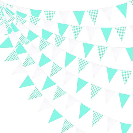 32Ft Aqua Green Plaid Checkered Party Banners Gingham Triangle Pennant Flag Bunting Fabric Garland Streamers for Wedding Birthday Picnic BBQ Bridal Baby Shower Outdoor Garden Festivals Decoration