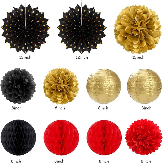 Red-Black Gold Casino-Theme Birthday Party-Decorations - 21pcs Happy Banner,Game Night Paper Lanterns,Tissue Pom Poms Flower Fan,Honeycomb Ball,Swirl Streamers Garland Supplies Women Men Decor Huglony