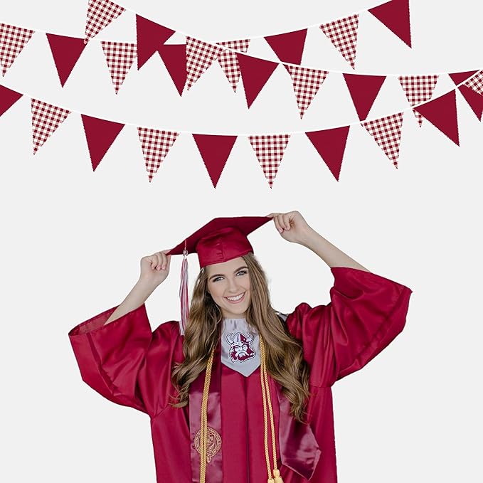 32Ft Burgundy Party Decorations Burgundy Gingham Plaid Checkered Triangle Flag Pennant Fabric Garland Streamers for Graduation Wedding Birthday Baby Shower Picnic Outdoor Home Party Decorations