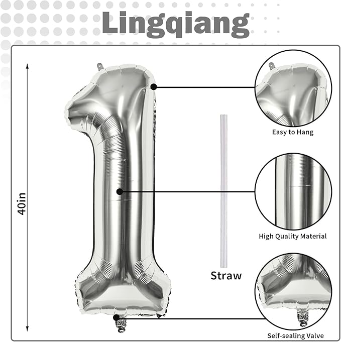 Silver 1 Balloon Number, 40 Inch Giant Helium Foil Number 0-9 for Boys Girls, Self Inflating 1st Birthday Balloon for Women Men 10th Anniversary Baby Shower New Year Wedding Party Decorations Supplies