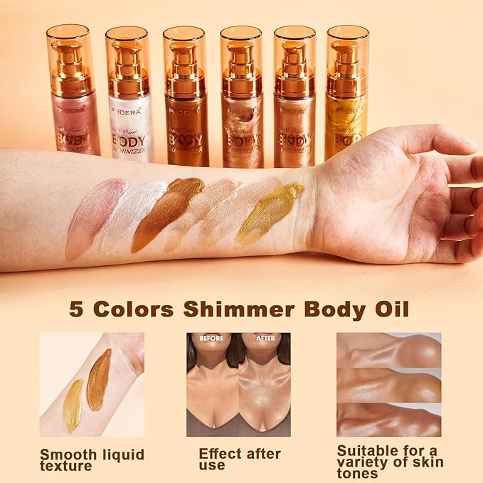 PHOERA Body Shimmer Oil,Waterproof Long Lasting Moisturizing Body Luminizer Glow, Illuminator Highlighter for Face with Makup Bursh, 1oz/Jars(2PCS 101 Rose Gold)