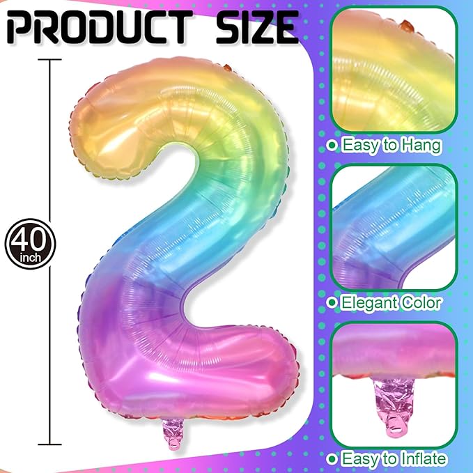 40'' 2 Balloon Number, Large Rainbow Foil Number 2 Balloons Birthday Party Decor, Mylar Self Inflating Multicolor Colorful Jelly Two Balloon for Girls 2nd Birthday Baby Shower Anniversary Decorations