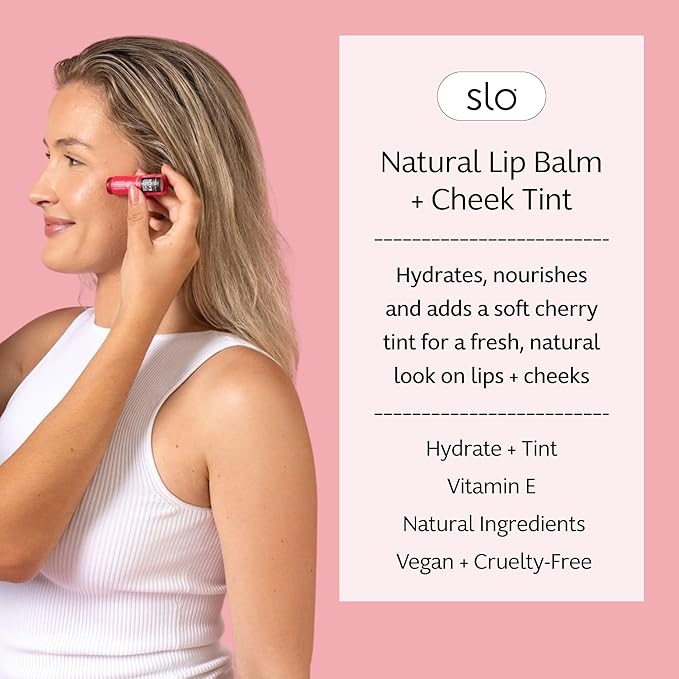 Slo | Natural Tinted Lip and Cheek Balm - All Natural Ingredients, Vegan & Cruelty Free, Hydrating & Soothing, Plastic Free, Paper Packaging | Cherry Blush, (0.28oz/8g)
