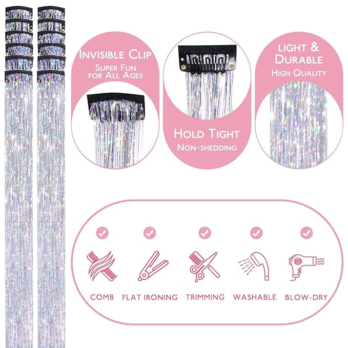 WENNALIFE Hair Tinsel Clip In for Girls Silver, 12pcs 24 inch Clips Tinsel Hair Extensions Clip in Colorful Glitter Clips Sparkle Fairy Hair Accessories for Kids