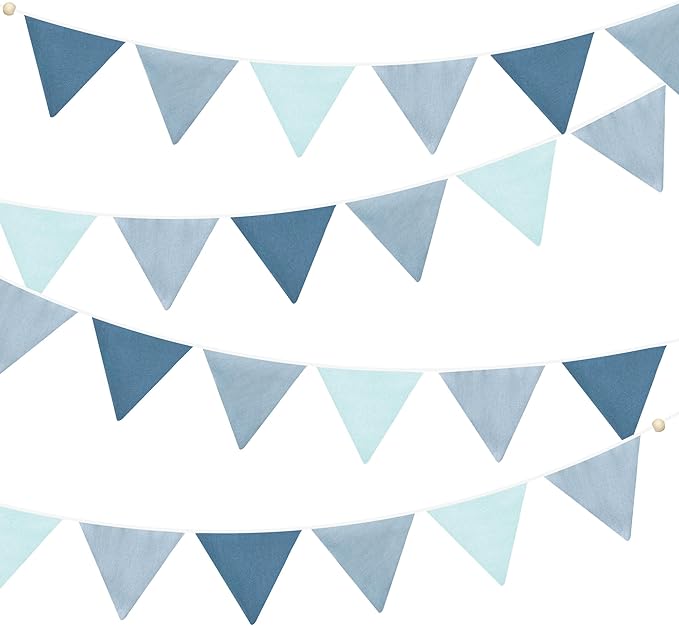 2 Strings Blue Pennant Banner Flags Nursery Garland Royal Linen Fabric Triangle Bunting Streamers for Baby's Room Decor Kids Boys Nautical Birthday Baby Shower Boho Wedding Event Party Decorations