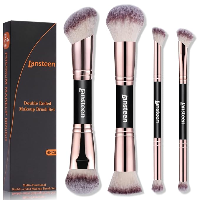 Makeup Brush Set, 4PCS Dual Ended Foundation, Powder, Contour, Concealer, eye Make up Brushes For Liquid Blending Cream Bronzer, Kabuki Face Brushes Makeup