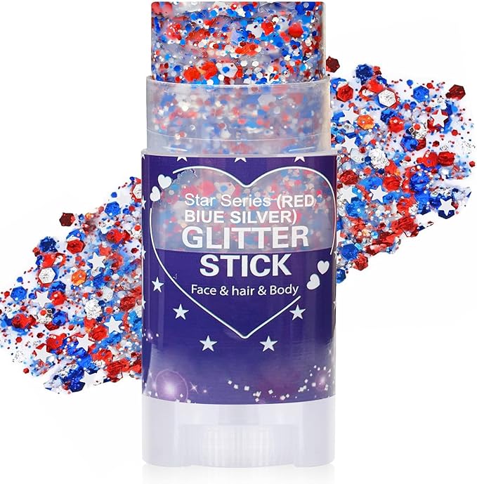 Red White Blue Hair Glitter Stick for Kids,Patriotic Face Body Glitter,4th of July Accessories,Fourth of July Outfits for Women,Patriotic Day Memorial Day Waterproof Chunky Glitter Makeup