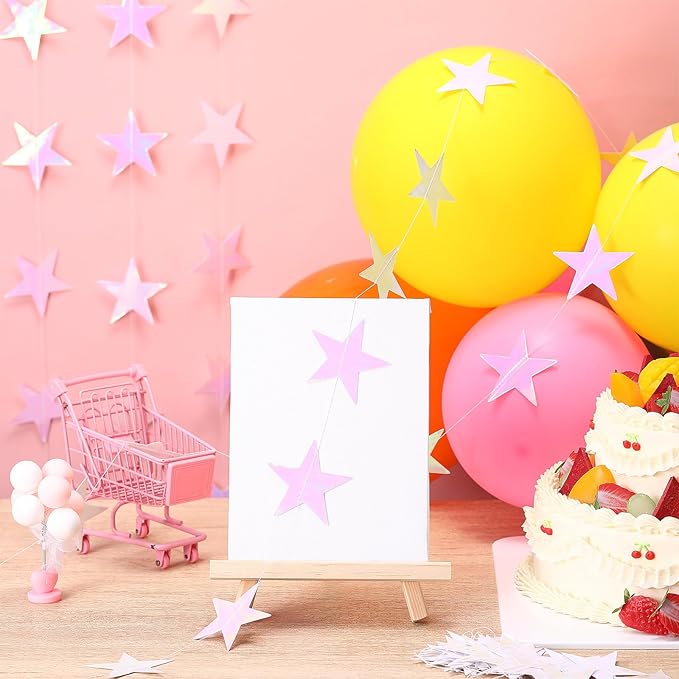 Patelai Glitter Star Garland Banner New Years Decor 130 Feet Star Hanging Banner Twinkle Backdrop for Birthday Classroom Wedding Halloween Christmas Party Supplies(Iridescent Pink)