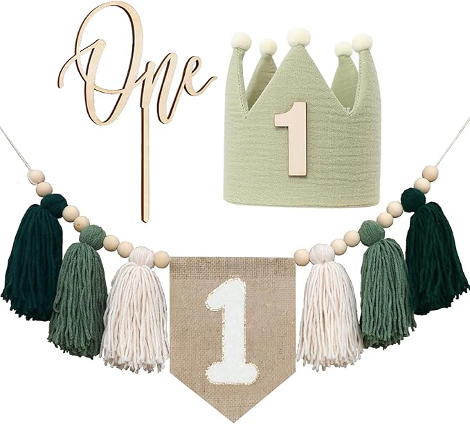 1st Green High chair Banner Wood Bead Tassel Garland Crown Hat Wooden Cake Topper Birthday Party Decorations