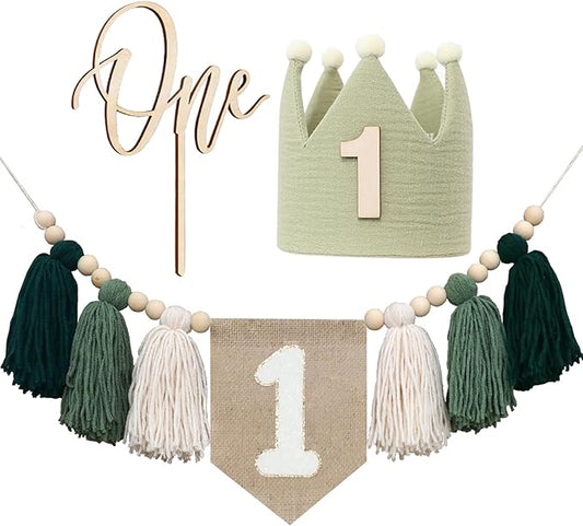 1st Green High chair Banner Wood Bead Tassel Garland Crown Hat Wooden Cake Topper Birthday Party Decorations