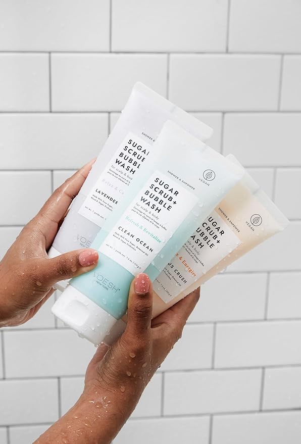VOESH Sugar Scrub + Bubble Wash, Exfoliating Body Scrub & Body Wash, Clean Ocean, Scalp Care, Shower Vegan Body Care