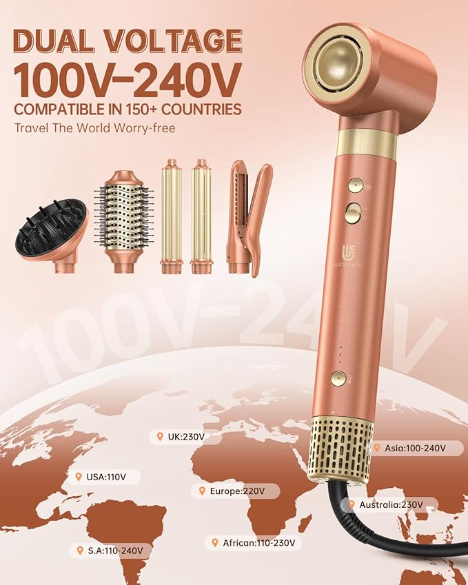 [Dual Voltage] webeauty 6 in 1 Hot Air Styler Wrap, High-Speed Negative Ionic Hair Dryer with Auto Wrap Curlers, Professional Blow Dryer Brush, Diffuser, Volumizer Multiple Styling, No Heat Damage