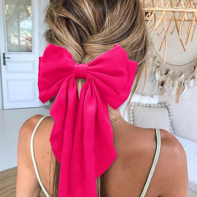 Ribbon Hair Clip Barrettes for Women and Girls - Pink Satin Hair Bows and Accessories, Christmas Gift (Rose)