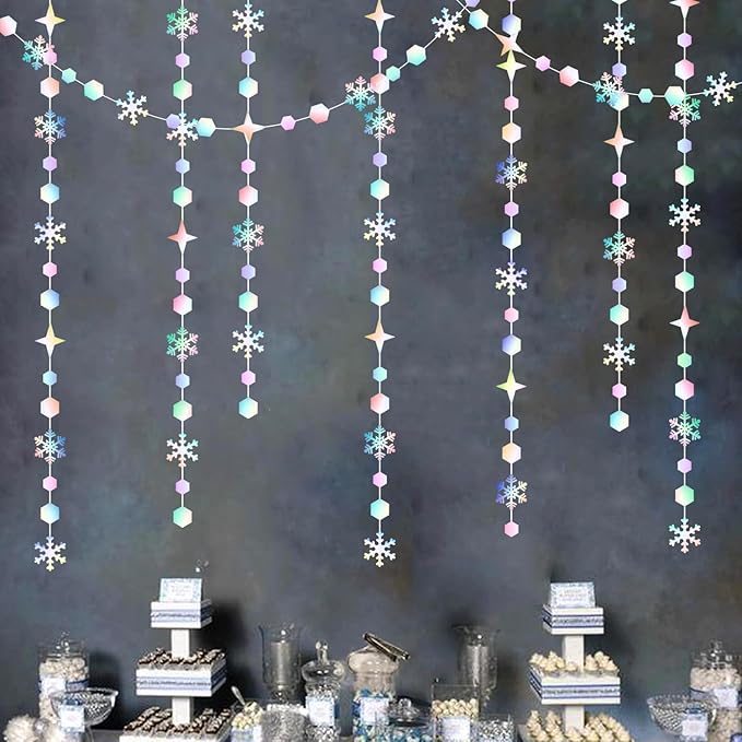 Snowflake-Snow Iridescent-Holographic Christmas Party-Decorations Streamers - 52Ft White Winter Wonderland Frozen Hanging Paper Garland Banner,Birthday Wedding Baby Shower New Year Supplies Hugtmr