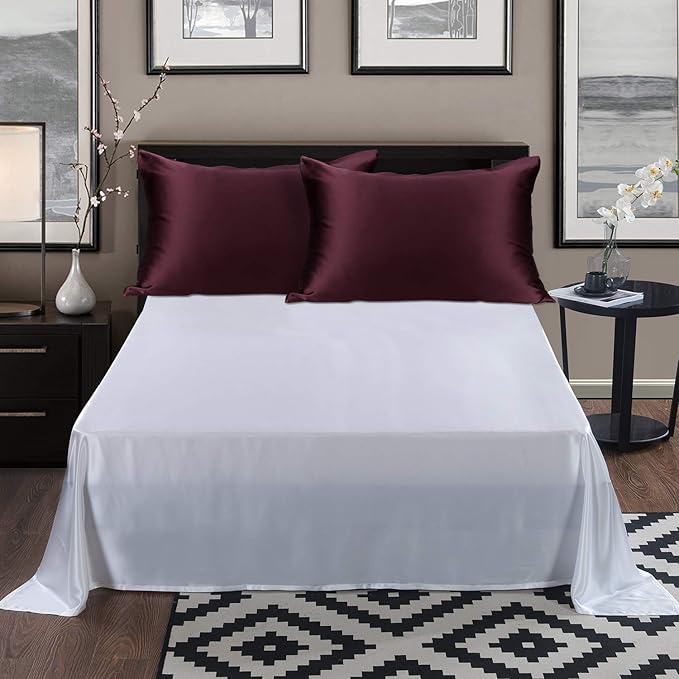 Standard Silk Pillowcase and Random Color Scrunchie Gift Set ALASKA BEAR Pillow Cases for Acne, Eyelashes & Extensions (1 Pack, Red Burgundy), Standard 20"x26"