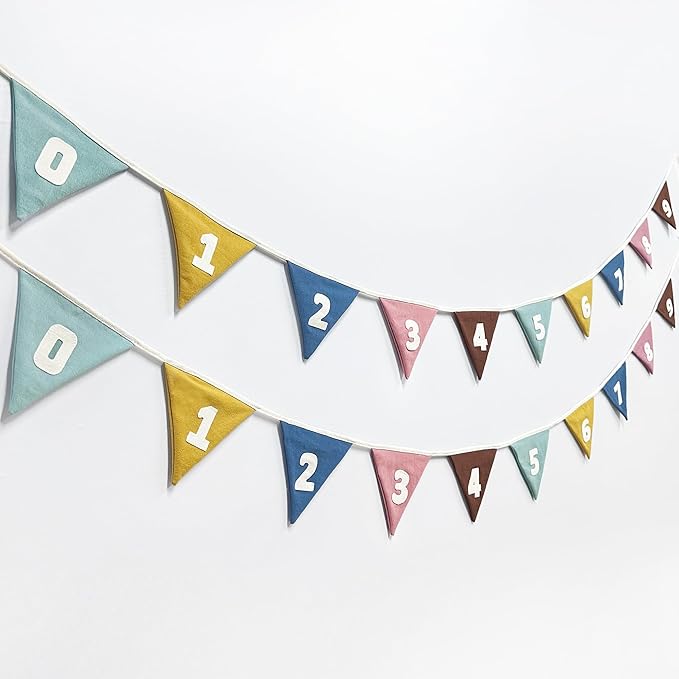 2 Sets of Retro Colored Pennant Banner 20Pcs Nursery Garland Flags Numbers 0-9 Fabric Linen Triangle Streamers for Kids Birthday Baby Shower Party Decorations Classroom Baby Room Math Learning Decor