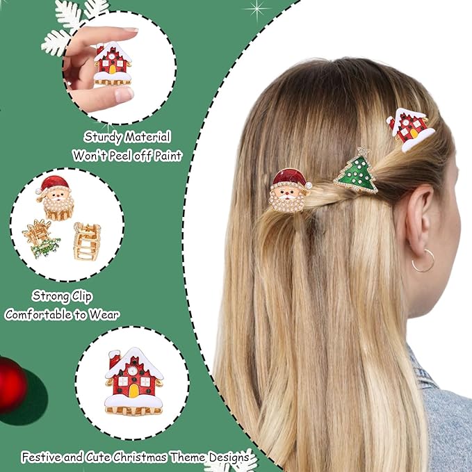 6 Pcs Christmas Hair Claw Clips Santa Claus、Xmas Tree、House、Hat and Snowflake Design Small Claw Clip Christmas Mini Hair Clips for Women Girls Hair Accessories