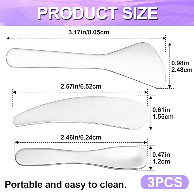 3pcs Mini Metal Makeup Spatula, Reusable Cosmetic Cream Spatulas Spoon, Skincare Scoop Applicator Facial Massage Beauty Tools for Mixing and Sampling Face Eye Cream- Silver