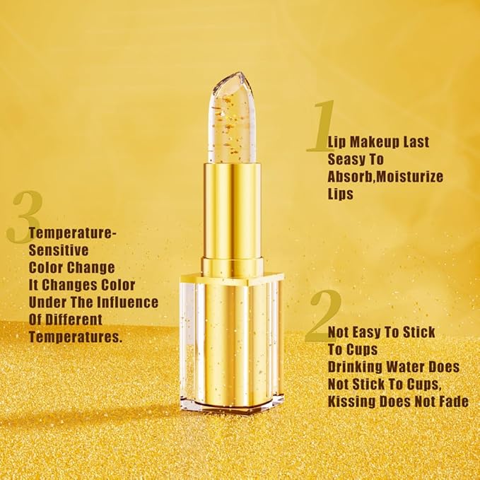 Color Changing Lipstick-Transferproof, Gold Crystal Ph Color Changing Lipstick, Clear Lip Stick That Changes Color, Moisturizing Glossy Shine Lip Balm, Hydrating Non-Sticky Lip Gloss for Women