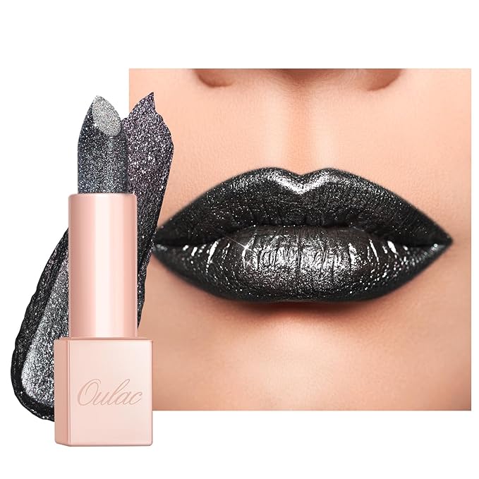 Oulac Halloween Black Lipstick Grey Black with Silver Shimmer - Moisture Creamy Lipstick for Women, Vegan & Gluten Free - D07 Monodrama