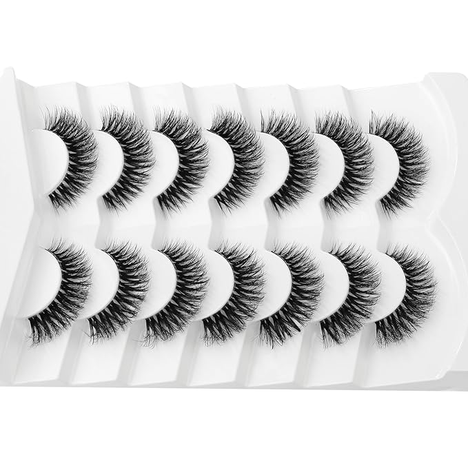 3D Clear Band Lashes Natural Volume Soft Faux Mink Lashes D Curl Cat Eye Wispy Fake Eyelashes Short Cross Reusable False EyeLashes 7 Pairs (No.197)