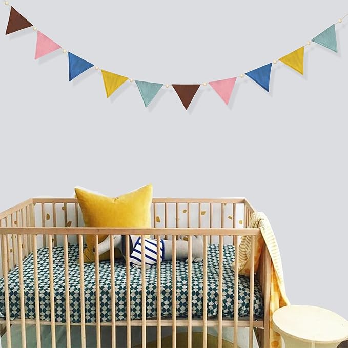 2 Sets of Wood Beads Boho Pennant Banner 20pcs Retro Colored Nursery Garland Fabric Linen Triangle Streamers Flags for Kids Birthday Baby Shower Classroom Baby Room Decor Boho Party Decorations