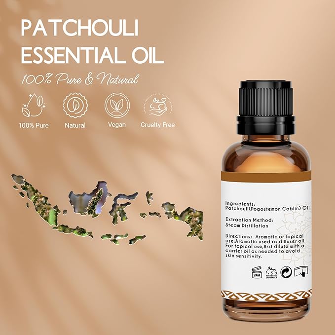 Patchouli Essential Oil for Skin Hair Diffuser, 100% Pure Natural Patchouli Oil for Room Spray, Roll On, DIY Candles & Soap Making - 1 Oz