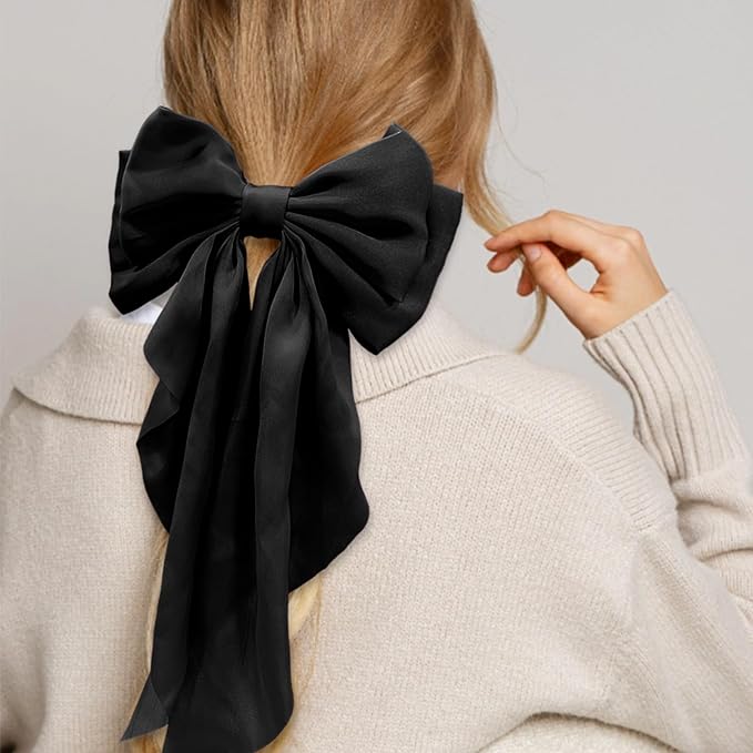 Silky Satin Women's Hair Bows with Long Tail Bowknot for Hair Clips, Accessories and Gifts (Black)