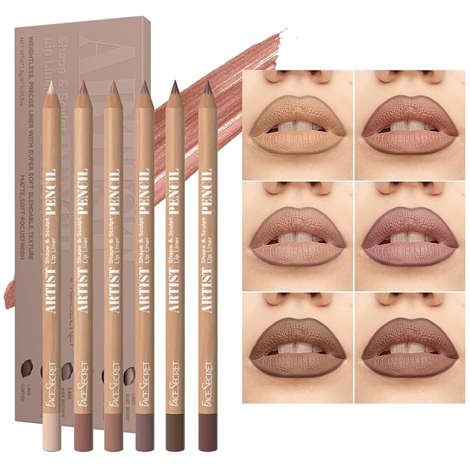 Beauty Glazed 6pcs Nude Brown Lip Liner Makeup Set - Waterproof & Smudge-Proof Matte Pencil, Long-Lasting & Durable, Smooth & Easy Glide, Non-Smudge, Contouring, Filling & Layering (NUDE-BROWN Set)