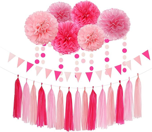 Rose Hot Pink Party Decorations - 23pcs Girl Birthday Baby Shower Tissue Pom Poms Streamers, Bachelorette Bridal Wedding Engagement Supplies Tassel Garland Banner, Favors Decor Ouruola