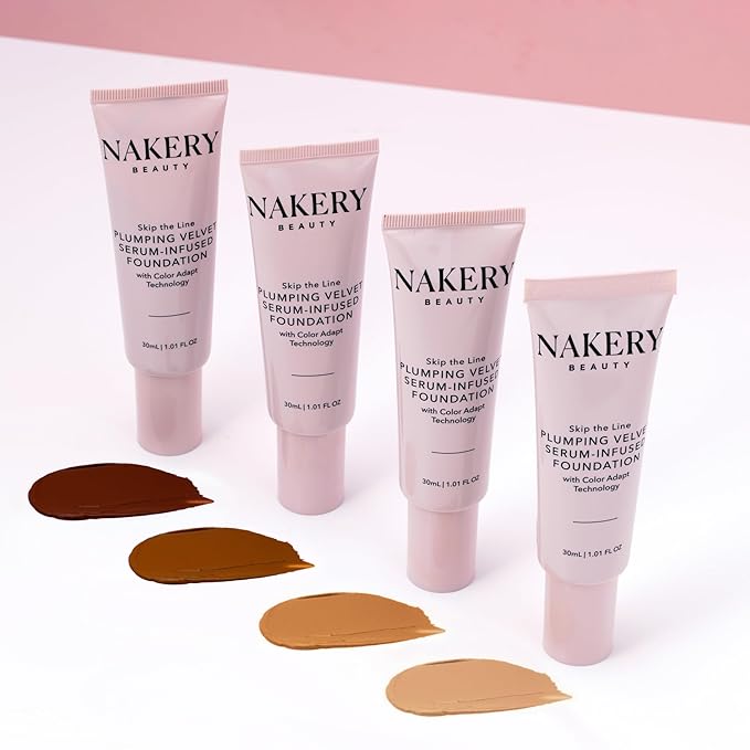 Nakery Skip the Line Full Coverage Foundation for Women - Plumping Velvet Womens Foundation Makeup Matte Finish - Age Defying Foundation - Moisturizing Foundation with Smart Color Adapt - Medium Deep
