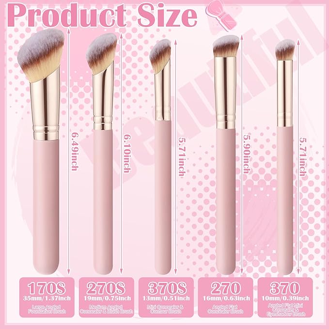 5Pcs Angled Foundation Brush Concealer Brush Multifunction Makeup Brushes Set Angled Contour Brush 170S,270S,370S for Concealer,Foundation,Powder,Eyeshadow,Contour