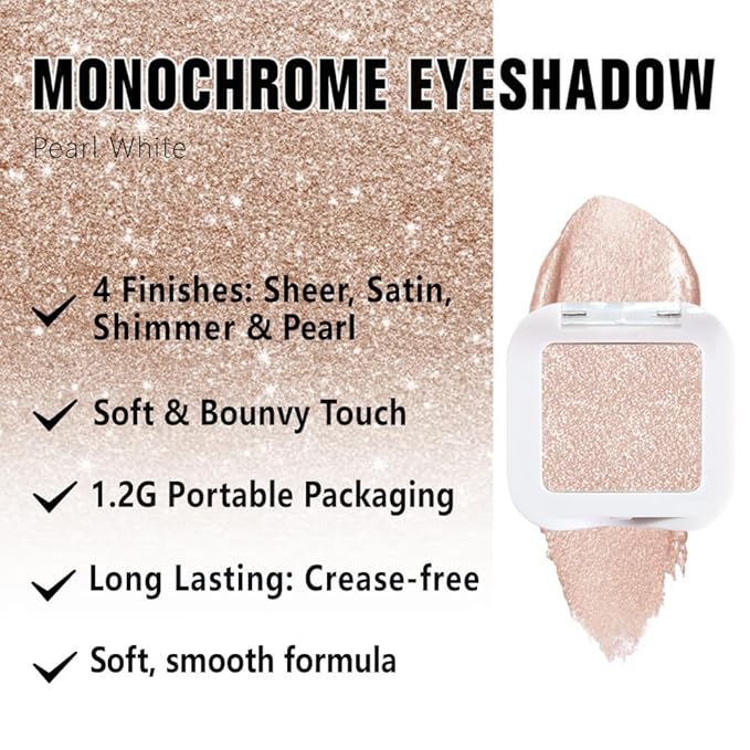 Glitter Singe Eye Shadow Palette Makeup, Pearl White Glitter Monochrome Eyeshadow For Old Women, Mini Pressed Pigmented Waterproof Sombras Para Ojos, Vegan, Talc, Paraben & Cruelty Free, 12