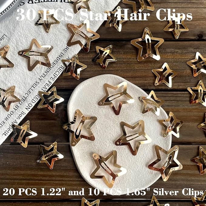 30 PCS Gold Star Hair Clips,20PCS 1.22"Star Hair Clip and 10 PCS 1.65"Star Hair Clips Snap Star Hair Accessories Non Slip Star Clips for Girls Women Gold Accessories Gold Metal Hair Clips