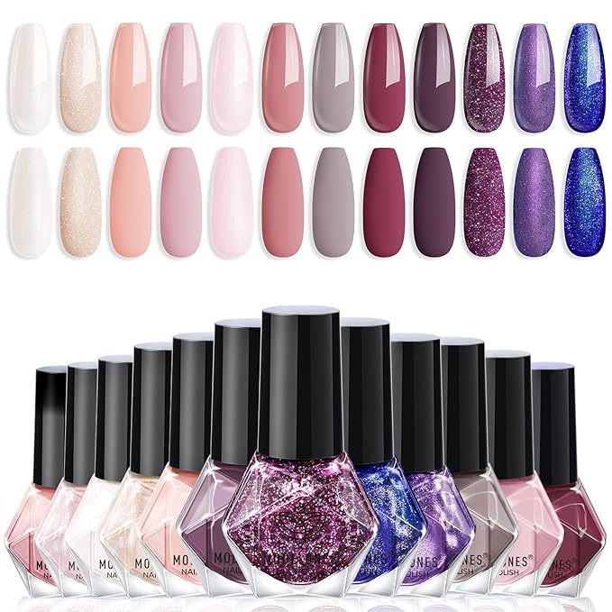 modelones Nail Polish Set 12 Colors Pearl White Nude Glitter Blue Pink Purple Quick Dry Mini Nail Lacquer Kit, Christmas Holiday Manicure Gifts for Women Girl Shimmer Home DIY Finger Toe Nail Art