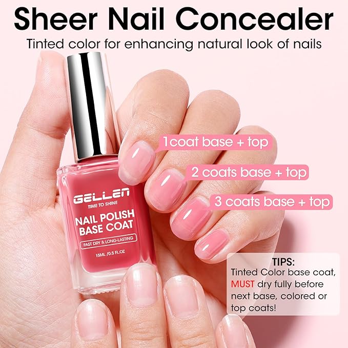 Gellen 4‑in‑1 Clear Nail Polish Base Coat Sheer Tinted Red, Ridge Filler, Nail Strengthener & Concealer, Calcium Formula Strengthens Nails, Natural Color Enhances Natural Look, No HEMA, Anti-yellowing