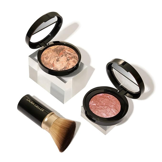 LAURA GELLER NEW YORK Blush-n-Glow Kit - Baked Balance-N-Glow Illuminating Powder Foundation, Deep + Retractable Kabuki Brush + Baked Blush-N-Brighten, Pink Grapefruit
