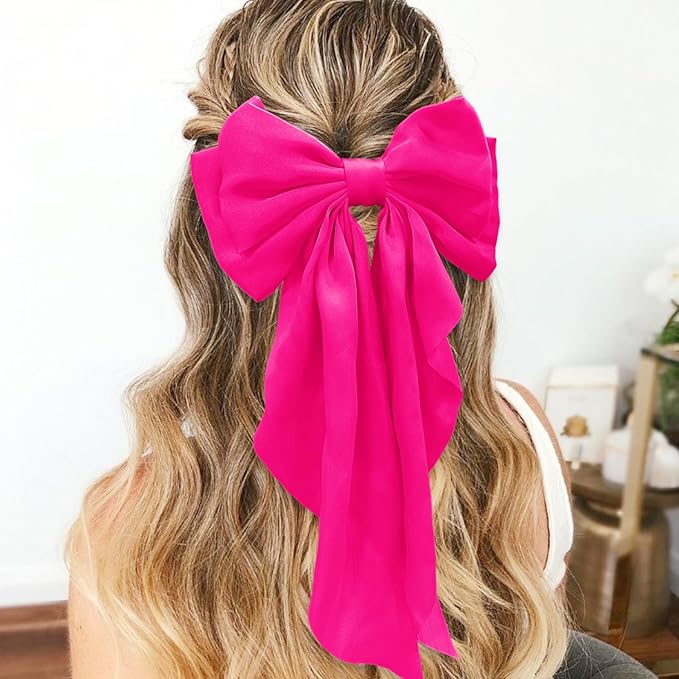 Ribbon Hair Clip Barrettes for Women and Girls - Pink Satin Hair Bows and Accessories, Christmas Gift (Rose)