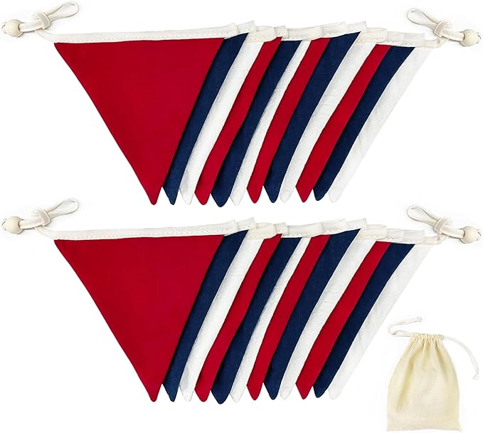2 Sets of Red Blue White Nursery Garland 24Pcs Patriotic 4th of July Fabric Pennant Banner Flags Triangle Streamers for USA American Independence National Day Birthday Baby Shower Party Decorations