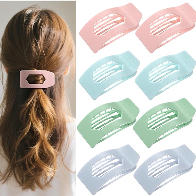 8 Pack Pastel Flat Hair Clips for Girls – Large Cute Glossy No-Slip Claw Clips for Thick & Thin Hair in Pink, Blue, Green, Purple, Soft Color Aesthetic Hair Accessories for Teen or Preppy Style