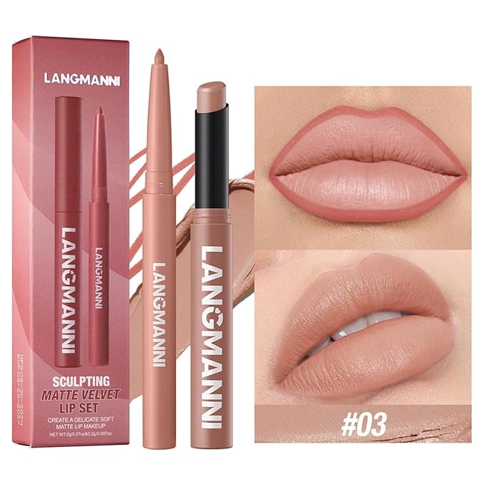 Lip Liner + Lipstick Set (12 Shades Available) -Matte Lipstick for Women, Silk Finish Hydration Lip Kit, Waterproof Smooth Creamy Texture, Bold to Nude Shades for Daily & Party Wear, Makeup Gift (03)